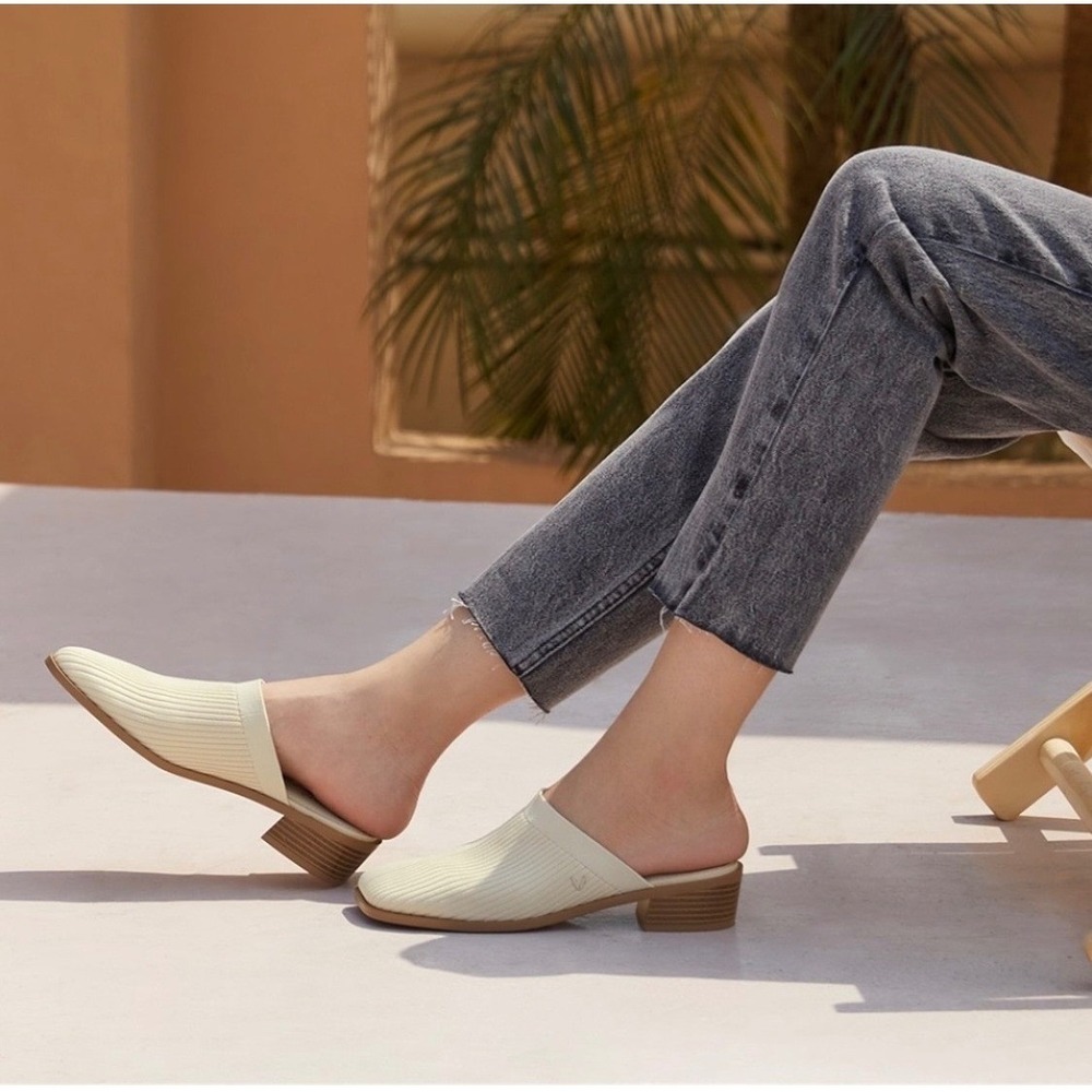 VIVAIA Beige‎ Knit Square-Toe Mules Low Heel Chic Comfort Slides EU/37 US/6.5